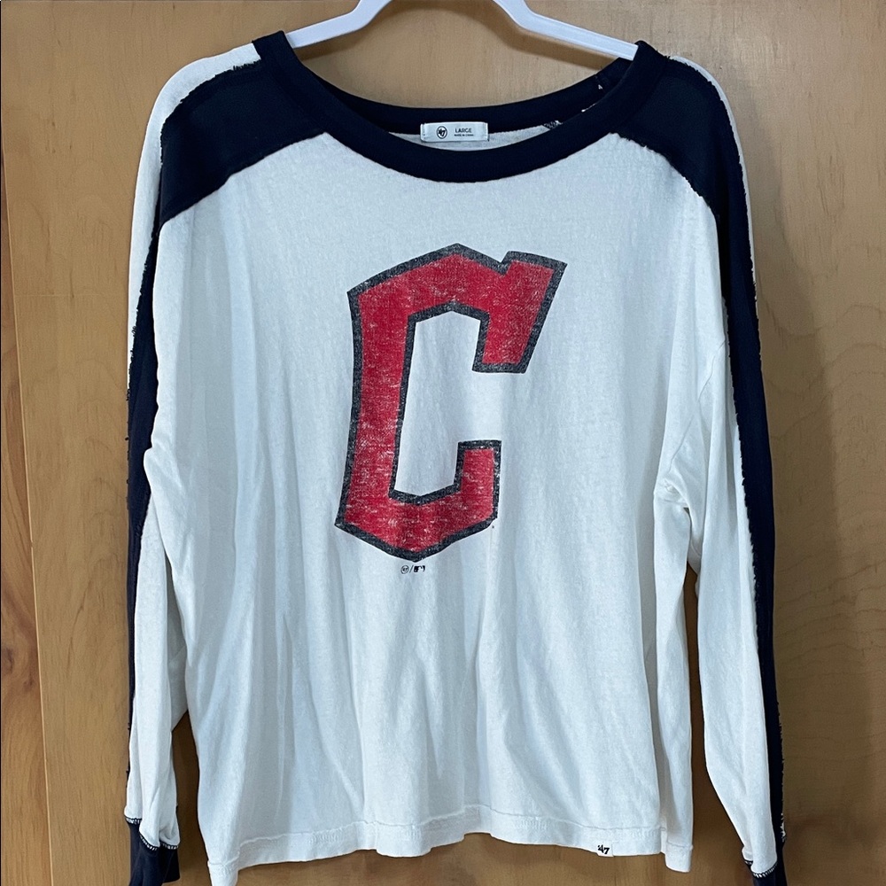 Cleveland Indians Guardians White and Red Navy Jersey Graphic Long Sleeve Shirt